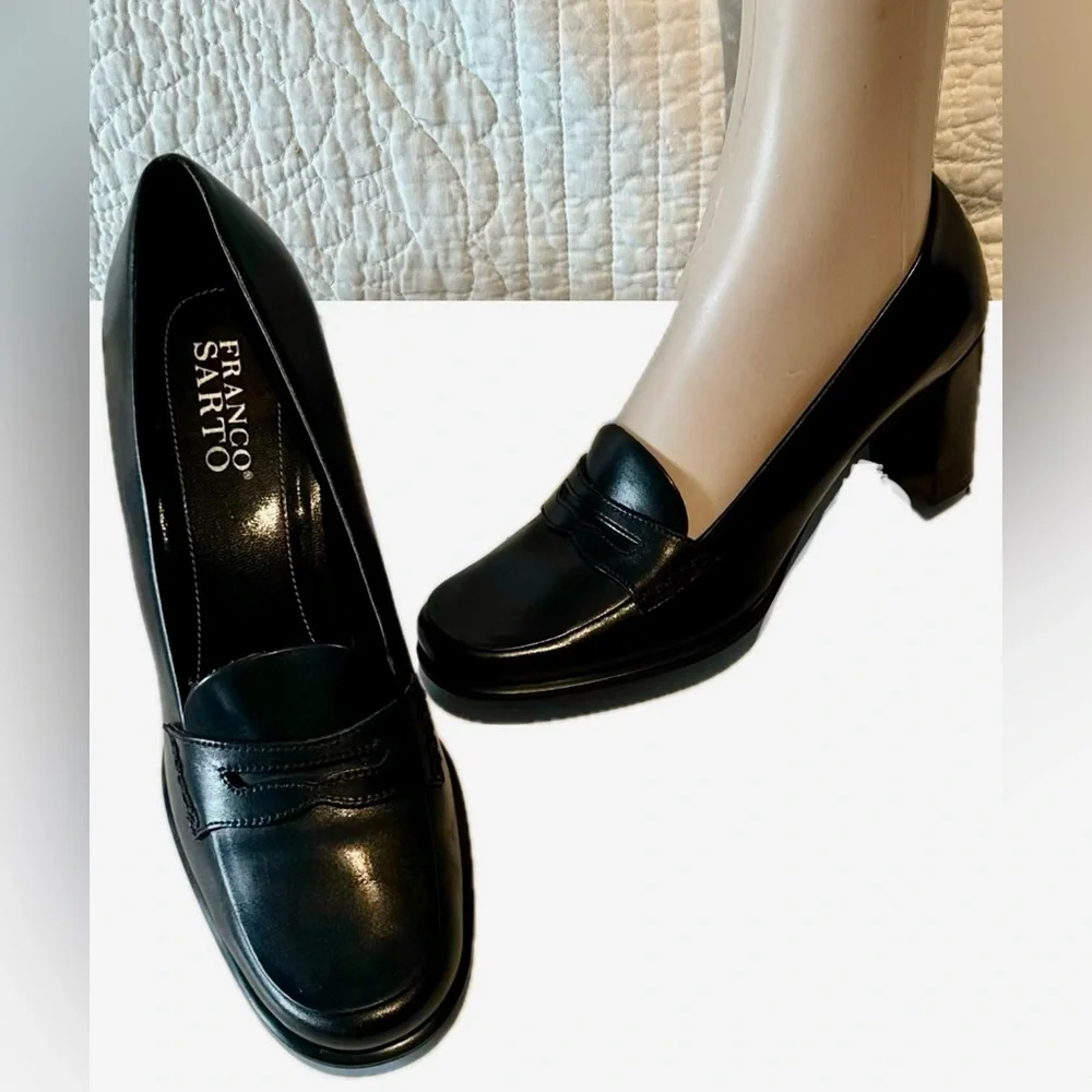 Franco Sarto Classic Black Leather Heeled Loafers - Picture 2 of 8
